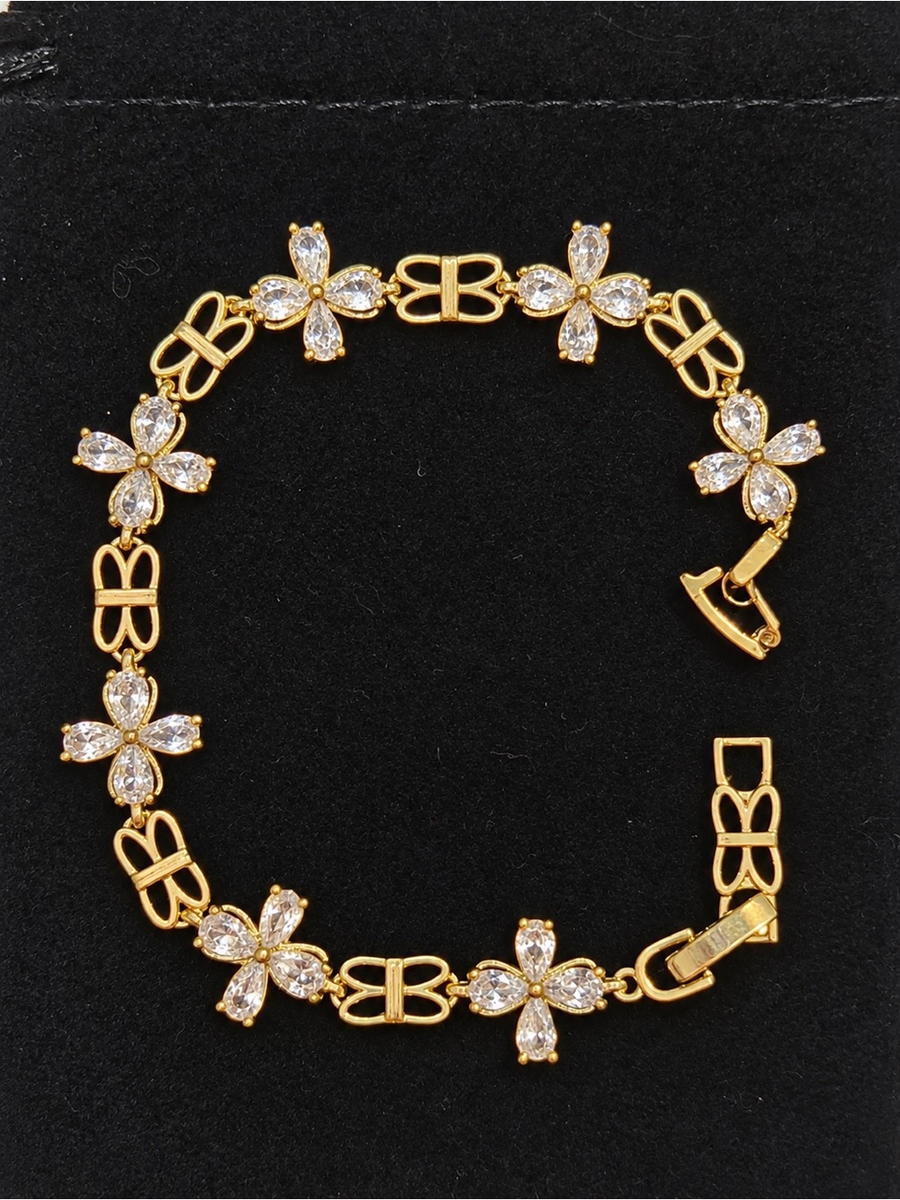 Gold Plated Flower CZ Link Bracelet - Women Jewelry